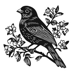 Bird silhouette on a branch with floral elements woodcut style birds logo design