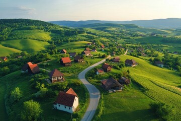 Aerial view of a serene village surrounded by lush green hills and winding roads.