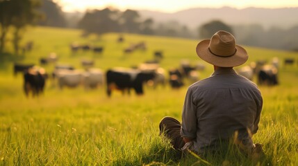 Cowboy wearing a brown hat looking across grassland at a tranquil herd of brown cows, reflecting rural life