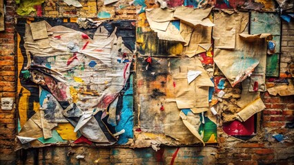 Fototapeta premium Old grunge torn collage posters on crumpled paper background surface with graffiti painting