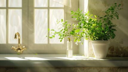 Bathroom with green plant on windowsill and vintage faucet in daylight
