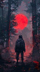 A lone figure stands in a dark forest, silhouetted against a red moon, as red leaves fall around them.