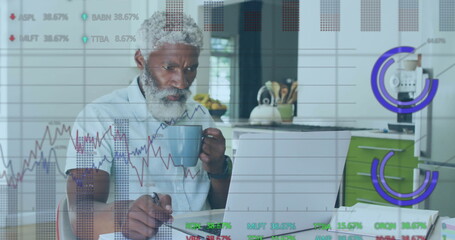 Image of financial data processing over senior african american man using laptop