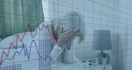 Image of financial data processing over worried caucasian woman