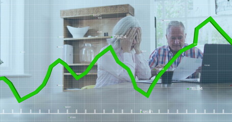 Image of financial data processing over senior caucasian couple using laptop