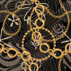 Seamless pattern decorated with precious stones, gold chains and pearls.	