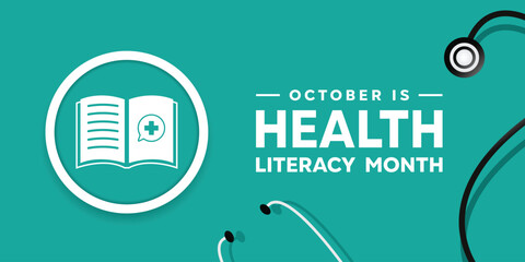 Health Literacy Month. Book, stethoscope and more . Great for cards, banners, posters, social media and more. Green background.