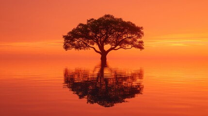 Fototapeta premium A serene sunset over water, featuring a solitary tree reflected in the calm surface.