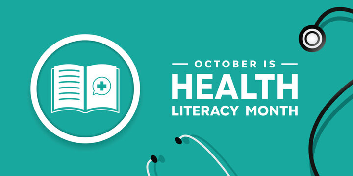 Health Literacy Month. Book, stethoscope and more . Great for cards, banners, posters, social media and more. Green background.