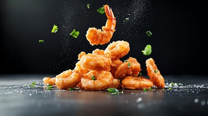 Crispy shrimp garnished with herbs, showcasing a delicious seafood dish against a dark background for culinary creativity.