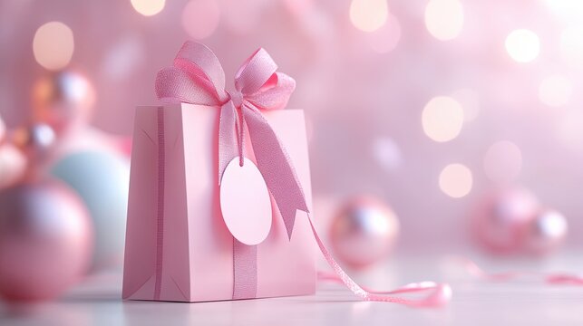 Personalized gift bag with custom name tag, festive ribbon, 3D illustration