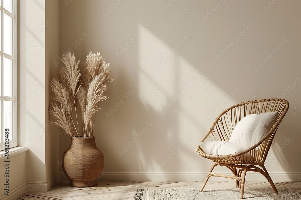 Wall mural Empty beige wall mockup in boho room interior with wicker armchair and vase Natural daylight from a window Promotion background