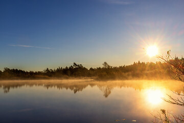 Sun raised above a forest lake with mist and water reflections