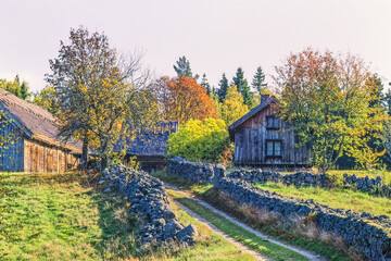 Idyllic old farm in the country with stone walls