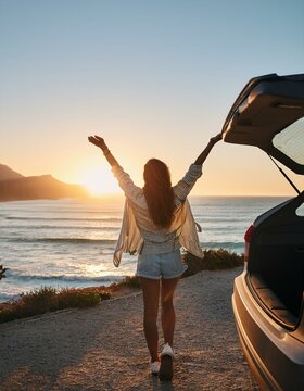 Mujer con los brazos abiertos en un acantilado viendo el atardecer al lado de un coche gris, de viaje, feliz, explorar, aventurera