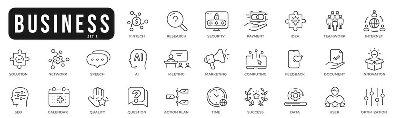 Business related original icons. Network, teamwork, payment, computing, seo, ai etc. Editable stroke. Set 6