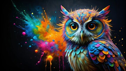 Obraz premium Colorful owl covered in paint splatters on a black background with multicolored drops of paint