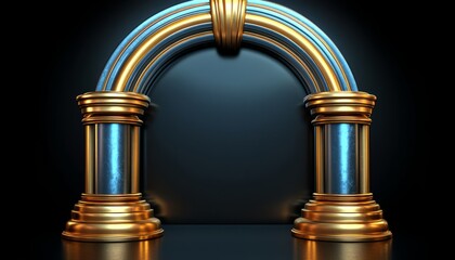 Golden Archway with Blue Pillars on Black Background