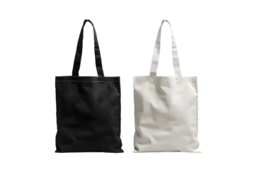 Two tote bags, one black and white isolated on transparent background mock up png