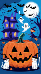 happy halloween  poster style, pumpkin, scary house, bats, cats, ghosts, witch, moon