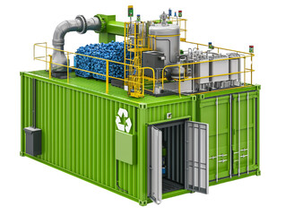 Fototapeta premium Green recycling container with machinery for waste processing and materials