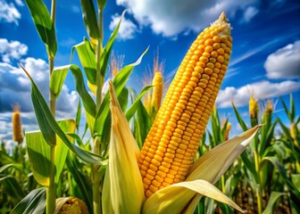 A vibrant, golden-yellow ear of corn stands upright, with delicate green leaves curled around the stalk, surrounded by a subtle blue sky