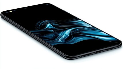 A sleek smartphone showcasing a vibrant blue abstract design on its screen, ideal for technology and lifestyle themes.