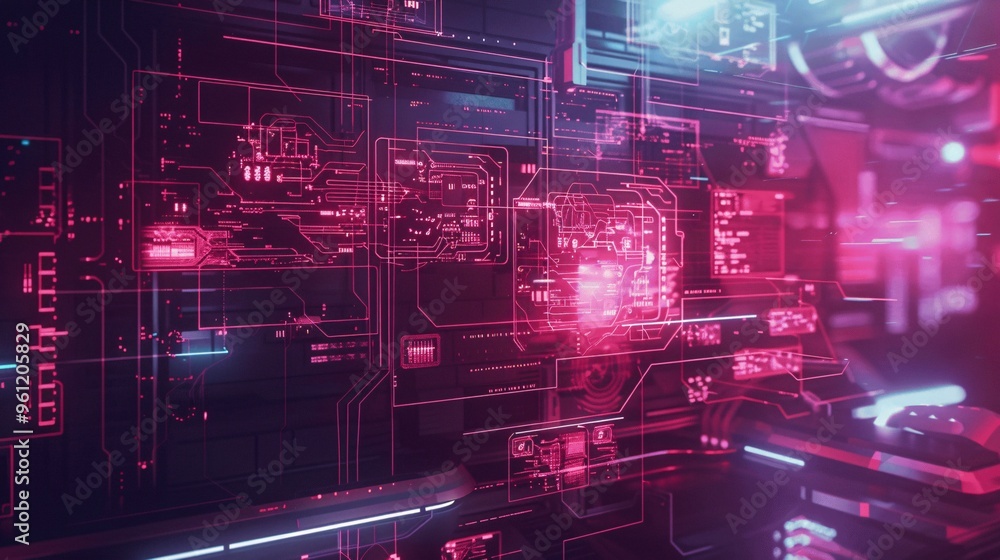 Poster abstract futuristic technology background with neon lights and circuitry