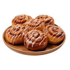 Freshly baked cinnamon rolls drizzled with icing on wooden plate