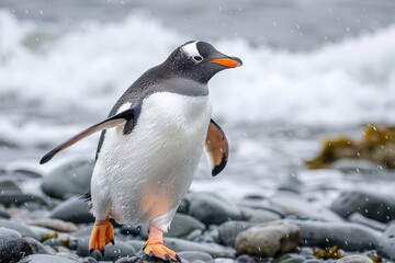 Fototapeta premium Penguin Walking on Two Legs with Open Beak and Orange Feet Near the Ocean, Front View