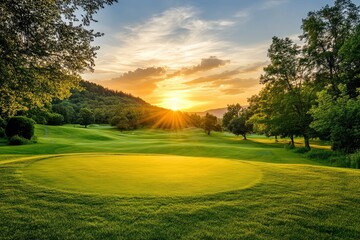 Obraz premium A mature view of the golf course at sunset , ai