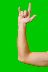 Person Making Hand Gesture Against Bright Green Background in Daylight