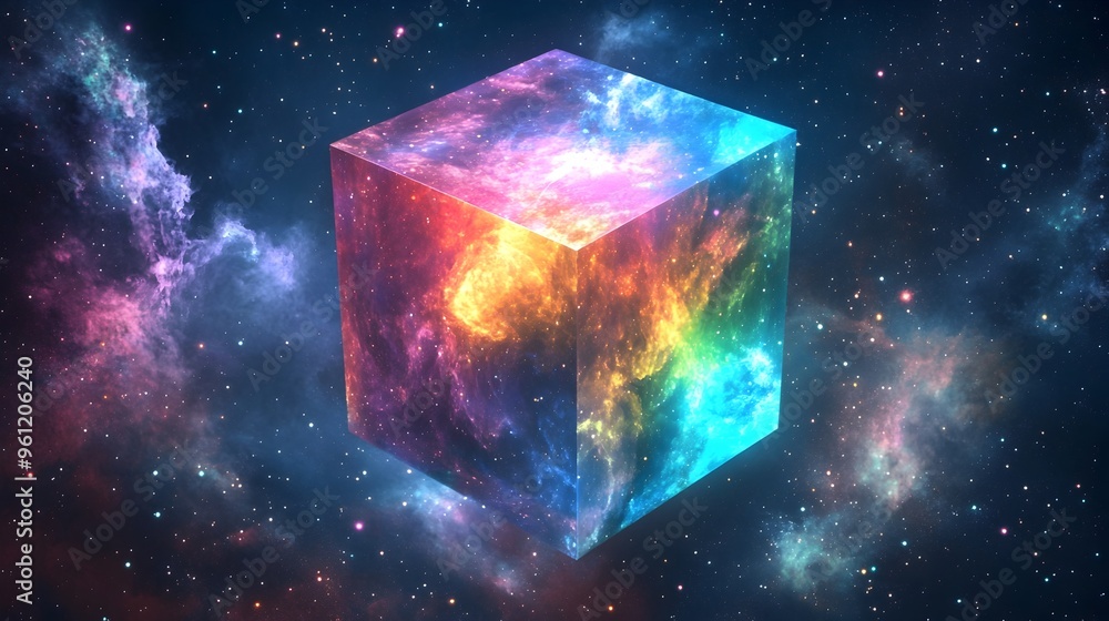 Poster holographic 3d object floating in vibrant spatial visualization digital futuristic conceptual artwor