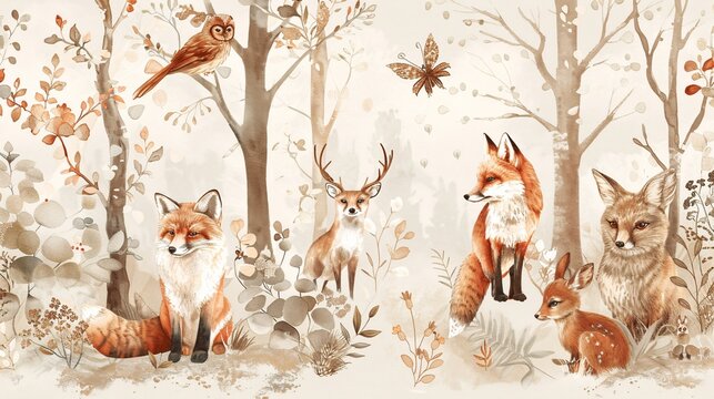 Fototapeta Watercolor Forest Animals Illustration with Fox  Deer  and Owl