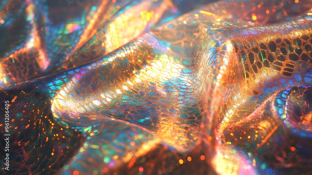 Poster mesmerizing holographic fabric with intricate patterns that reflect light in dynamic captivating and