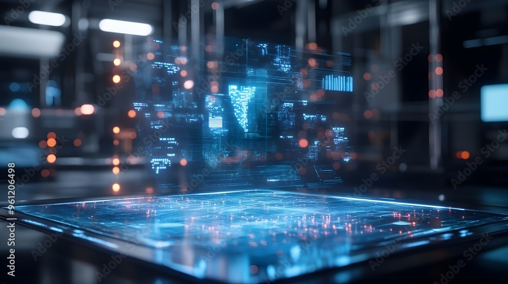 Poster holographic display panel showcasing futuristic digital information floating in mid air representing