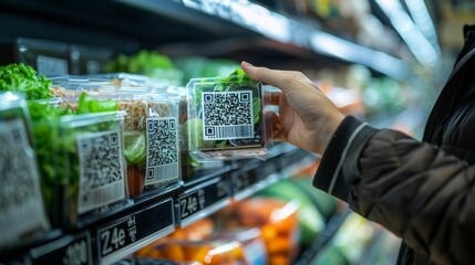 A Hand Reaches for a Packed Meal with QR Codes, Signifying a Blend of Nutrition and Technology.