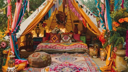 Colorful Bohemian Tent Interior with Floral Decor