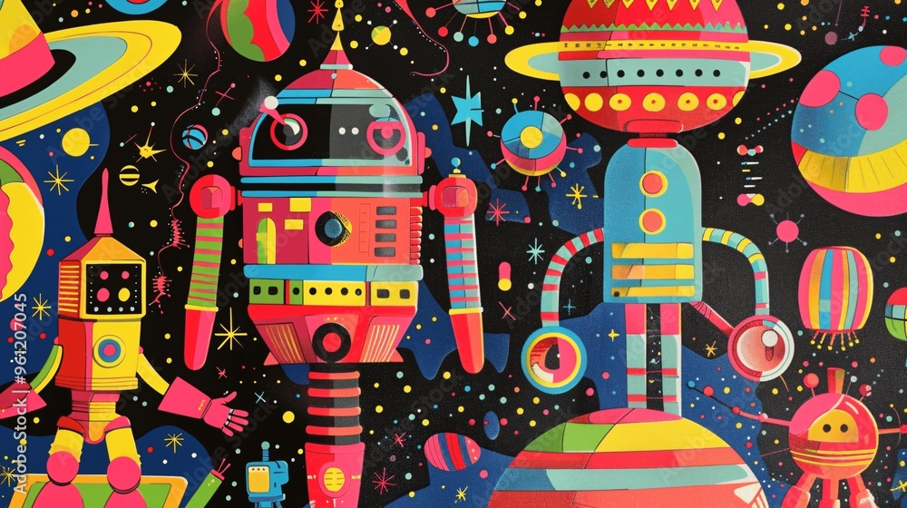Poster colorful robots in space with stars and planets