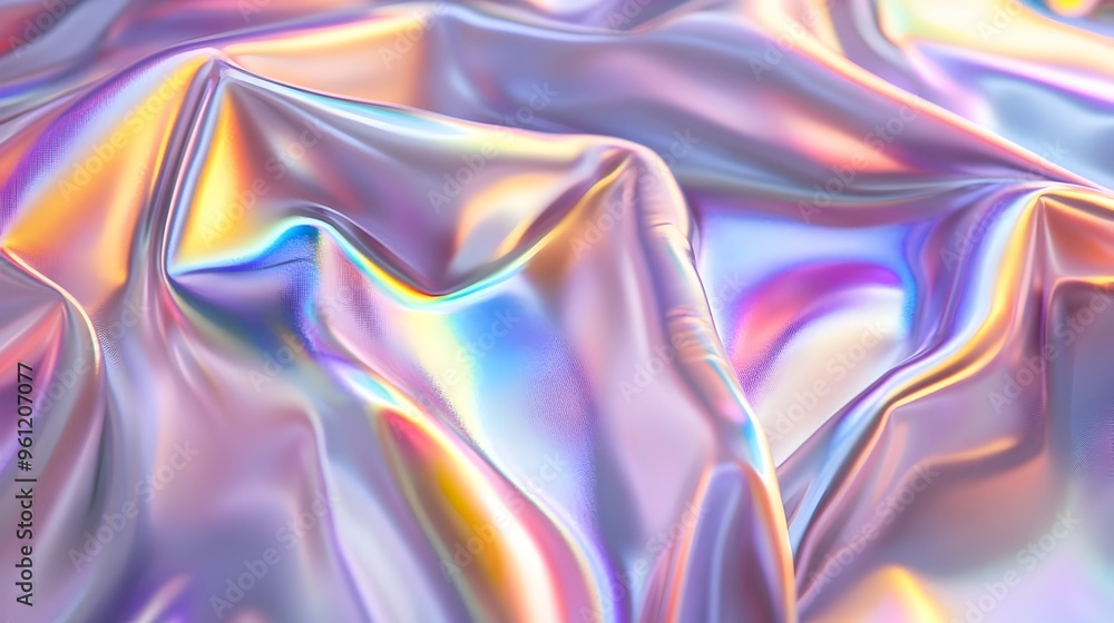 Poster a captivating and mesmerizing image showcasing a holographic material draped in soft fluid folds tha