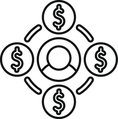 Line art icon of a businessman surrounded by money, symbolizing financial management and a circular economy