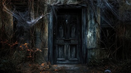 Fototapeta premium Haunted Abandoned Doorway Covered in Cobwebs and Twisted Vines on a Dark, Decaying House