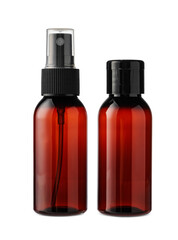 Amber glass bottles with various dispensers for cosmetics or skincare products