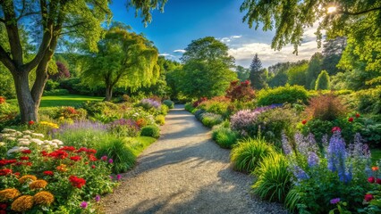 A serene slow-paced stroll on a gravel path surrounded by lush green trees and vibrant flowers on a sunny afternoon.
