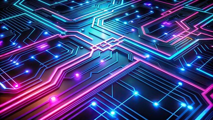 Abstract geometric circuit board design with neon colors and forced perspective angle.