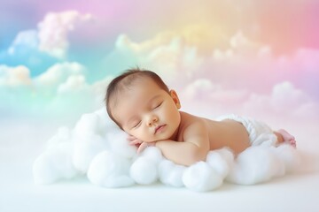 Newborn baby sleeping peacefully on a soft cloud-like surface, with a dreamy, colorful sky background creating a serene and magical atmosphere