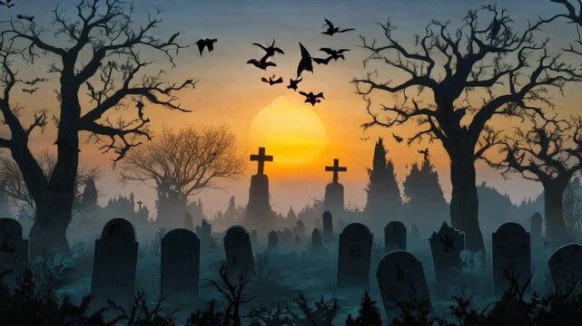 Eerie graveyard at sunset with tombstones and bare trees, enveloped in mist. Perfect for Halloween and spooky themes.