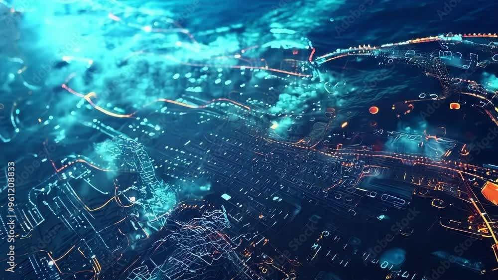 Poster futuristic technological background showing a complex network of data analysis with glowing lines an