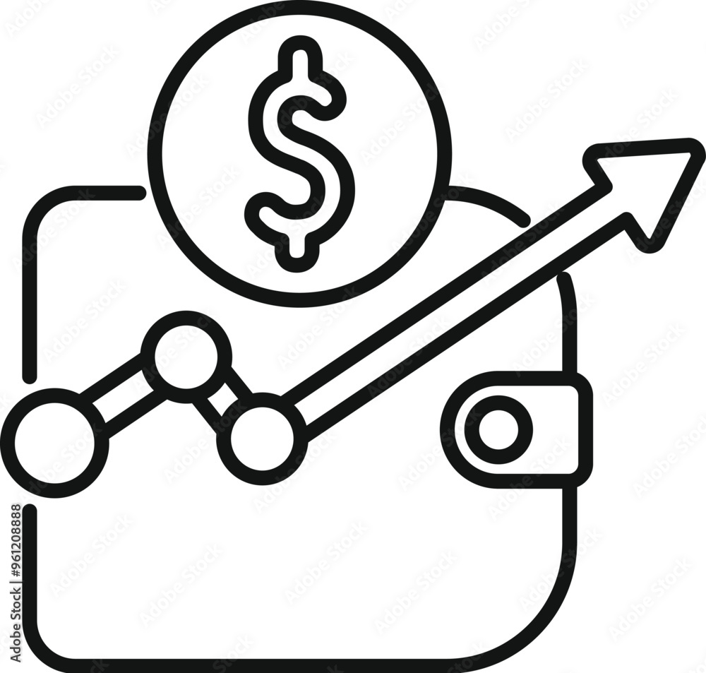 Poster Line art icon of a wallet with an increasing arrow chart, representing positive financial growth and investment success