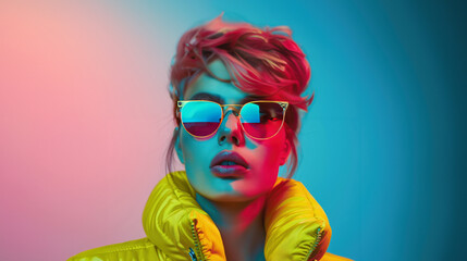 Androgynous Portrait in Neon Glow, vibrant closeup of a person with glasses wearing a yellow jacket, set against a backdrop of dynamic fluorescent lighting, ideal for text overlay.